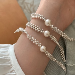 S925 Sterling Silver Pearl <b>Bracelet</b> White <b>Bead</b> Woven Minimalist Design Women's Everyday Wear Jewelry - Product Image 2