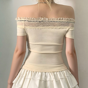 Women's Sweet Solid Color Lace <b>Patchwork</b> Collarless off Shoulder <b>Top</b> with Bow Tie Regular Fit Casual Summer Short Sleeve - Product Image 6