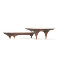 Vente en gros nordique de grande table basse gigogne en marbre travertin noir de luxe ensemble table d'appoint en bois noyer pour salon intérieur