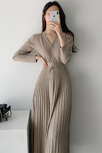 סיטונאי 2022 סתיו קוריאני שיק צרפתית אלגנטי V-צוואר אחת חזה שרוכים מותן Slim ארוך שרוולים קפלים סרוג שמלה - Product Image 6