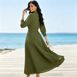 Vestido Maxi Plisado Verde Oliva Talla Grande con Cuello en V, Manga Larga, Cinturón, Corte en A, Elegante para Eventos Formales y de Noche - Product Image 2