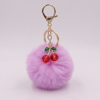 Porte-clés mignon style coréen avec breloques cerises et pompon en peluche pour sac et accessoire de clé