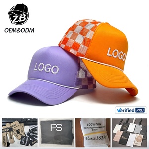 Custom Logo Retro Checkered Mesh Back Trucker Hat with Rope 5 Panel Blank Foam Snapback Baseball <b>Cap</b> for Men <b>Women</b> - Product Image 1