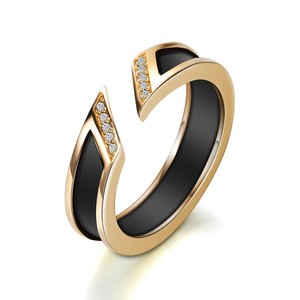 Ceramic <b>Ring</b> 5mm <b>Open</b> Round Asymmetrical Single Row Diamonds Geometric Design Unisex Jewelry Gift White Black Gold - Product Image 4