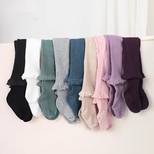 Korean Fashion Solid Color Lace Ruffle Sweet Princess Leggings Soft Cotton Fancy Color Kids Girls Dance Pantyhose Tights