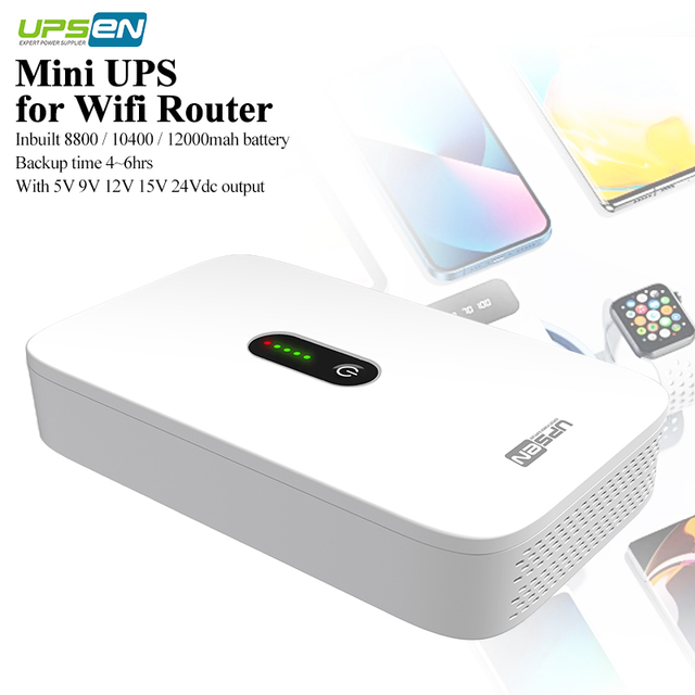 UPSEN Nemo Mini UPS - 5-24V Auto Voltage & USB Output for WiFi Router, 8800/10400mAh Li-ion, Plug & Play Backup (CE/FCC)