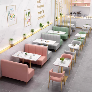 आधुनिक रेस्तरां फर्नीचर दूध चाय कॉफी शॉप गोल्डन मेटल लकड़ी का बूथ सोफा चमड़े की सीट स्पंज कुशन बूथ सोफा - Product Image 1