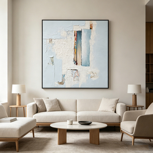 Quiet Horizon Silk Screen Oil Painting Handmade Artwork <b>Canvas</b> Painting Wall Art Framed Minimalist Textured Blue White <b>Abstract</b> - Product Image 1