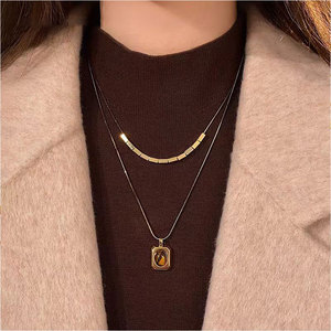 Collar de Ojo de Tigre de Moda <span class=keywords><strong>2026</strong></span> - Colgante con Bisel Cuadrado, Cadena de Doble Capa, Accesorio de Estilo para Otoño e Invierno - Product Image 4