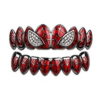 HotSell Halloween Spider Man Red Grillz Full Set Micro Pave Zircon Bling Trendy Teeth Decoration Ready Stock