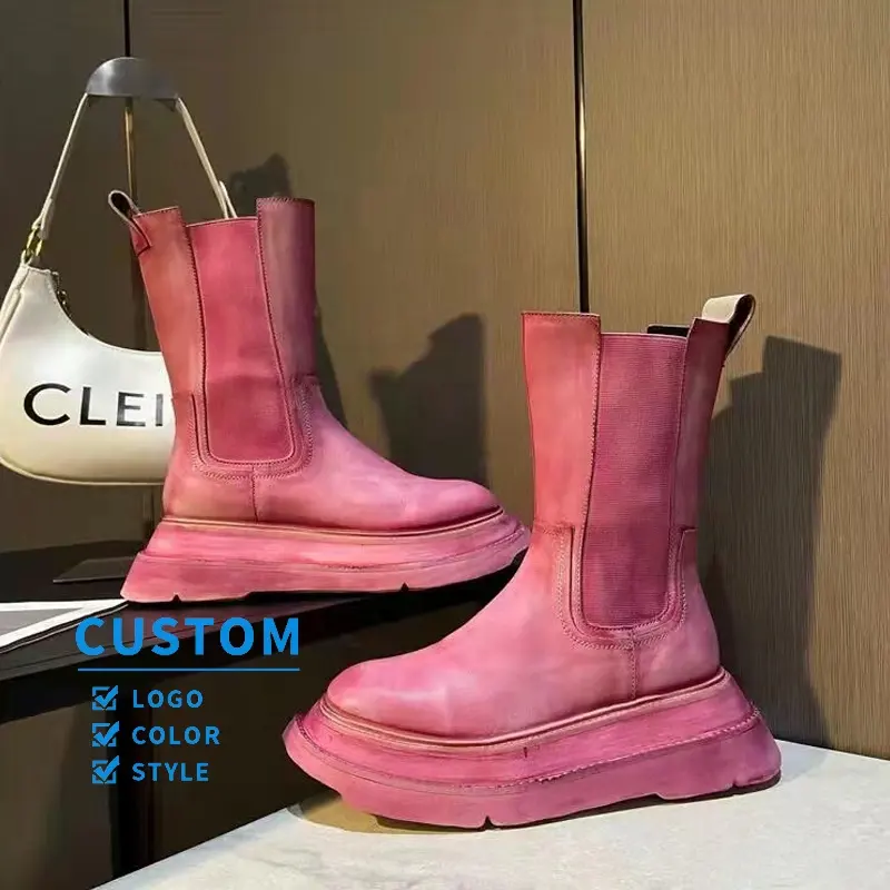 New Style Thick Sole Wedges Heel winter Boots Woman Round Toe platform Boots Women Elastic Strap Leather Botas motorcycle Boots