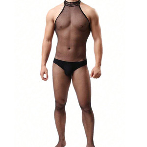 Men <b>Fishnet</b> <b>Bodysuit</b> Black Nylon Spandex Mid Rise Sexy Underwear - Product Image 1