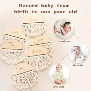 Cartes de jalons mensuelles en bois Double face pour bébé avec glands, signes de jalons en macramé, accessoires Photo, décor de chambre de bébé