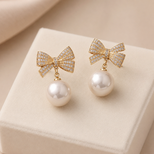 Hot Sale Fashion Gold Plated Crystal Diamonds White Black <b>Red</b> <b>Bow</b> Geometric Pearl Drop Earrings for Women Wholesale - Product Image 6