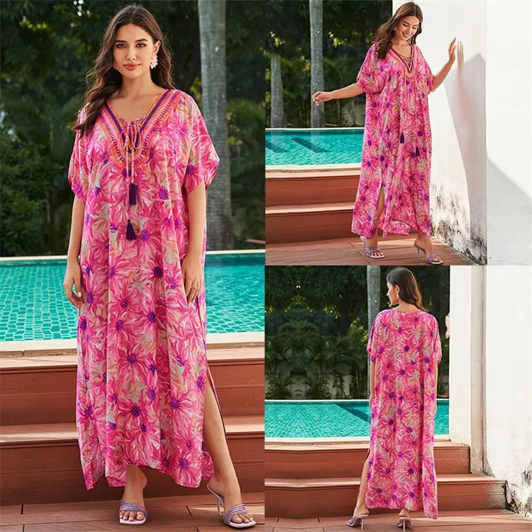 2024 Women's Summer New Rose Pink Flower Print Beach Cover up Robe Style Vacation Sun Protection Bikini Cover Shirt Wholesale