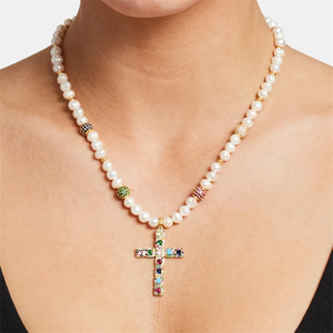 Oro ottone placcato Multi colore gemma 5A Cz Cubic Zirconia ghiacciato palla <span class=keywords><strong>rosario</strong></span> croce <span class=keywords><strong>collana</strong></span> di perle - Product Image 3