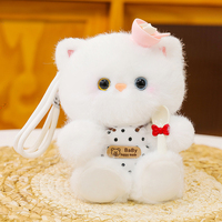 Porte-clés chat en peluche à faible MOQ, mignon, avec bol et cuillère, poupée animale en peluche chaton, breloque de sac, porte-clés, chat en peluche doux