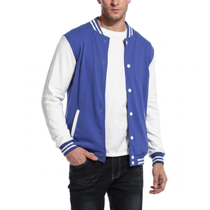 Veste universitaire bleue et blanche pour homme, coupe décontractée, col rabattu, polyester, couleur unie, fermeture à boutons, automne - Product Image 1