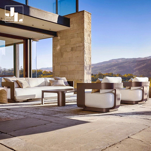 Juego de sofás de <span class=keywords><strong>teca</strong></span> para exteriores de estilo nórdico, muebles de sofá al aire libre de tela impermeable para jardín y Patio de Hotel - Product Image 3