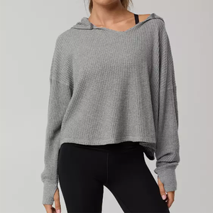 Sweat-shirt à capuche en tricot gaufré de haute qualité pour femmes LEDUO, manches longues, col Henley, coupe ample, décontracté - Product Image 3