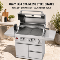 Chariot barbecue extérieur au charbon de bois en acier inoxydable 304 avec armoire de rangement, tables latérales et 4 roues pour cuisine extérieure