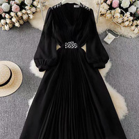 Robe de soirée pour femmes, vêtements féminins de luxe léger, col en V, robe en mousseline de soie ample, plissée, patchwork