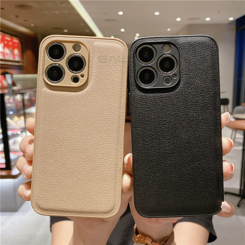 Casing pola kulit tahan guncangan, pelindung kamera penuh lembut untuk iPhone 15 14 13 12 11 Pro Max XR X XS 7 8 Plus 13