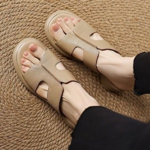 Foreign Trade Women's Open <b>Toe</b> Chunky <b>Heel</b> Mid <b>Heel</b> Thick Sole Slip-On Sandals Cowhide Leather Polyurethane Outsole Outdoor - Product Image 3