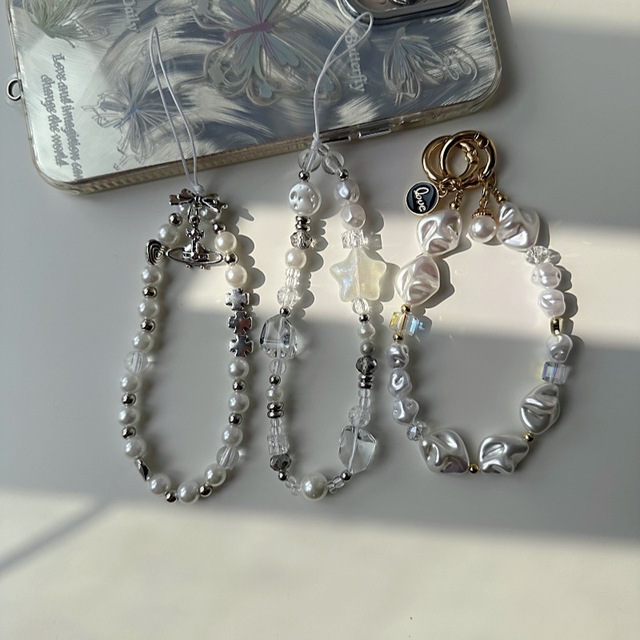Korean Cute Star Pearl Beaded Phone Chain Hanging Cord Phone Charms Phone Strap Summer Handmade Mobile Lanyard Jewelry Gift