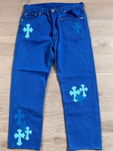 High Quality Luxury Blue Denim <strong>Jeans</strong> <strong>Lady</strong> Cross Print Regular Fit Streetwear <strong>Pants</strong> Fashion Brand Casual Mid-Waist Breathable - Product Image 2