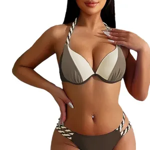 Bikini Set Cho Phụ Nữ Rắn V Cổ Knot Phía Trước Đẩy Cao Chân Thong Hai Mảnh Áo Tắm