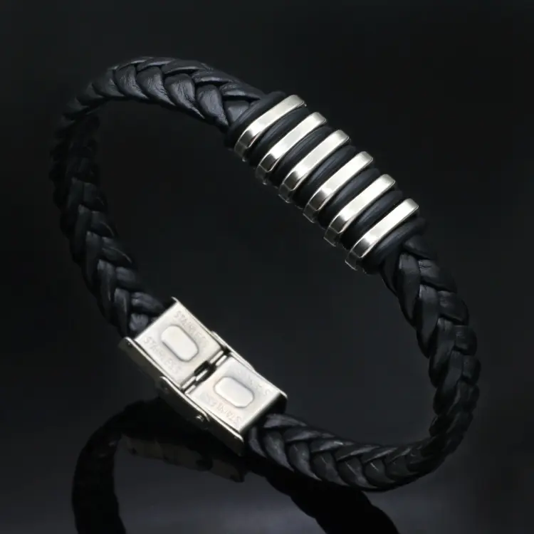 Pulseira de couro preto unissex, bracelete de couro trançado à mão, joia simples, retrô, para estudantes e mulheres