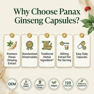 Cápsulas de Panax Ginseng OEM ODM, GMP Halal, 120 Unidades, 600 mg por Porción, 60 Porciones - Product Image 3