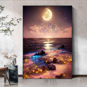 Fábrica personalizada de lujo Luna noche fantasía color playa <span class=keywords><strong>paisaje</strong></span> lienzo enmarcado sala de estar decoración 5D diamante pinturas de pared - Product Image 6