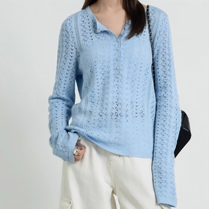 Suéter de Punto Personalizado de Fábrica, Estilo Casual Clásico para Mujer, Cuello Henry, Tejido Ondulado, 100% Algodón Transpirable, Primavera-Otoño - Product Image 4