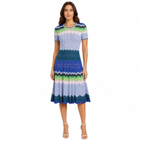Robe midi en tricot bleu-vert à chevrons personnalisée pour femmes, col rond, manches courtes, coupe évasée, OEM ODM