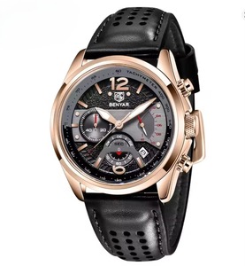 Nouvelle montre chronographe décontractée pour homme, boîtier en or rose, bracelet en cuir, étanche, calendrier sportif, montre à quartz avec lunette tachymètre - Product Image 5