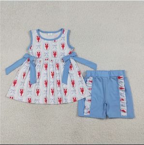 Conjunto de ropa de verano para niñas, túnica con lazo de cangrejo de río, pantalones cortos con volantes, GSSO3051 - Product Image 6