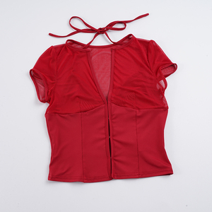 Women’s Y2K Sexy Hollow Out Halter Neck Mesh Crop Top Short Sleeve <b>Tie</b>-Up T-Shirt Clubwear - Product Image 6