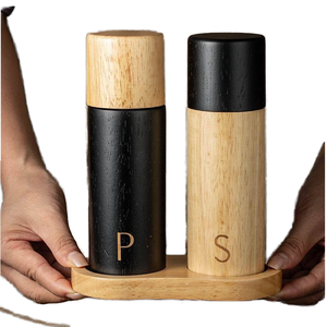 Moulin à sel et poivre semi-automatique en bois avec logo personnalisé, réglage de la grosseur, rechargeable, écologique, ensemble de moulins à poivre manuels avec plateau - Product Image 1