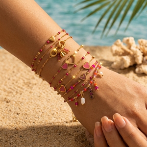 Spring Summer Stainless Steel <b>Bracelet</b> Gold Plated Heart-Shaped Love Pink Beach <b>Beaded</b> Charm <b>Bracelet</b> for Women - Product Image 1