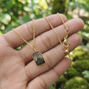 Geometric natural stone moss agate pendant necklace bezel set 18k gold plated minimalist charms jewelry brass chain necklace - Product Image 4