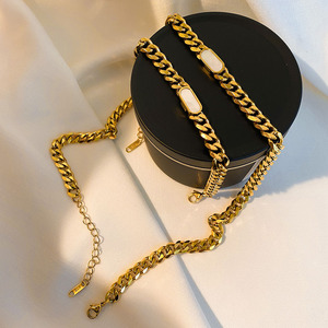 Conjunto de Collar de Cadena Cubana de 7MM, Chapado en Oro de 18K, Acero Inoxidable con Malaquita Verde, Concha Negra y Blanca, Joyería para Uso Diario y Regalo - Product Image 4