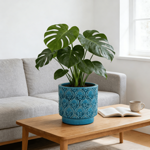 Grand pot de fleurs en céramique émaillée turquoise vintage américain, écologique, durable, avec trou de drainage, pour intérieur/extérieur - Product Image 2