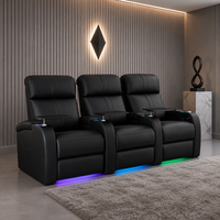 Canapé moderne trois places inclinable électrique réglable en cuir véritable avec structure en bois, garnissage en mousse à mémoire de forme, extensible, éclairage d'ambiance LED 7 couleurs