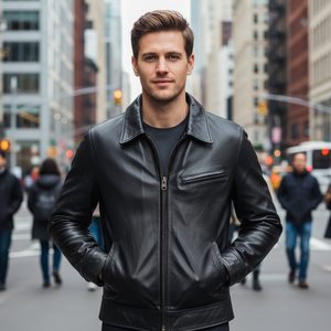 Blouson Bomber Homme en Cuir de Chèvre Pleine Fleur, Finition Mate Rétro, Huilé et Non Enduit, Faible MOQ, Fabrication OEM, Personnalisable, Noir - Product Image 1