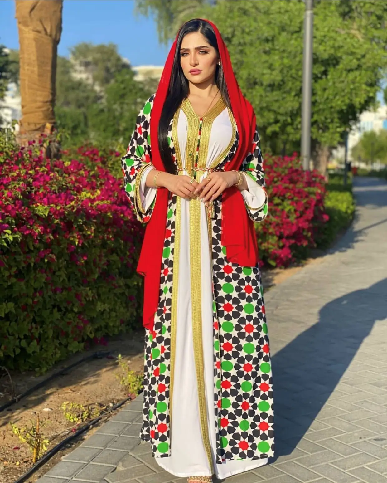Eid Mubarak Fashion Muslim 2 Potong Set Abaya untuk Wanita, Gaun Hijab Dubai Putih dan Motif Kimono Pakaian Islam Arab Turki
