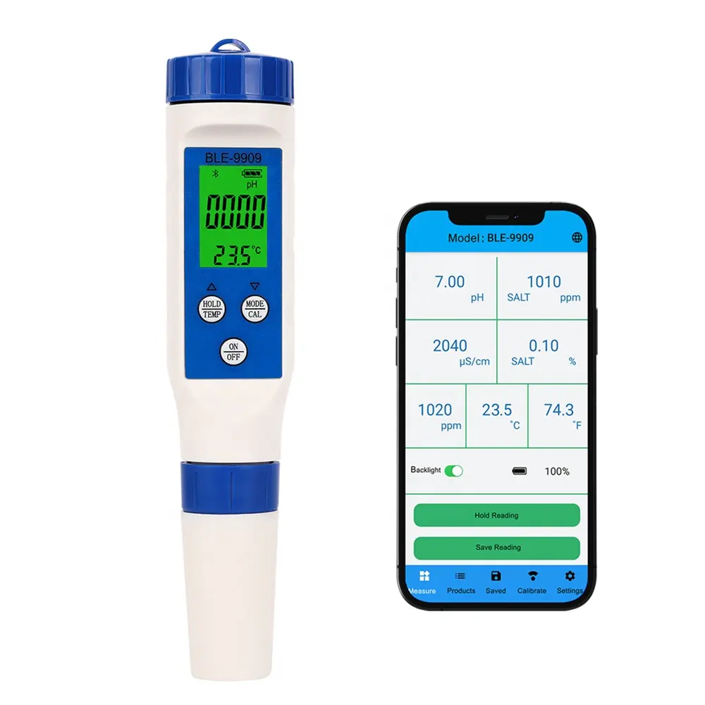 Medidor de salinidad de pH 5 en 1 por Bluetooth, kit de prueba de agua potable, analizador de agua multiparámetros, salinómetro Digital