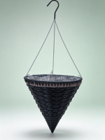 Panier à fleurs suspendu conique en ciment noir, jardinière tressée avec bord dentelé marron, crochet métallique sculpté à la main style américain, étanche