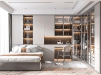 Armoire intégrée sur mesure avec tiroirs pour accessoires, éclairage LED, rangement multi-compartiments pour chambre de villa